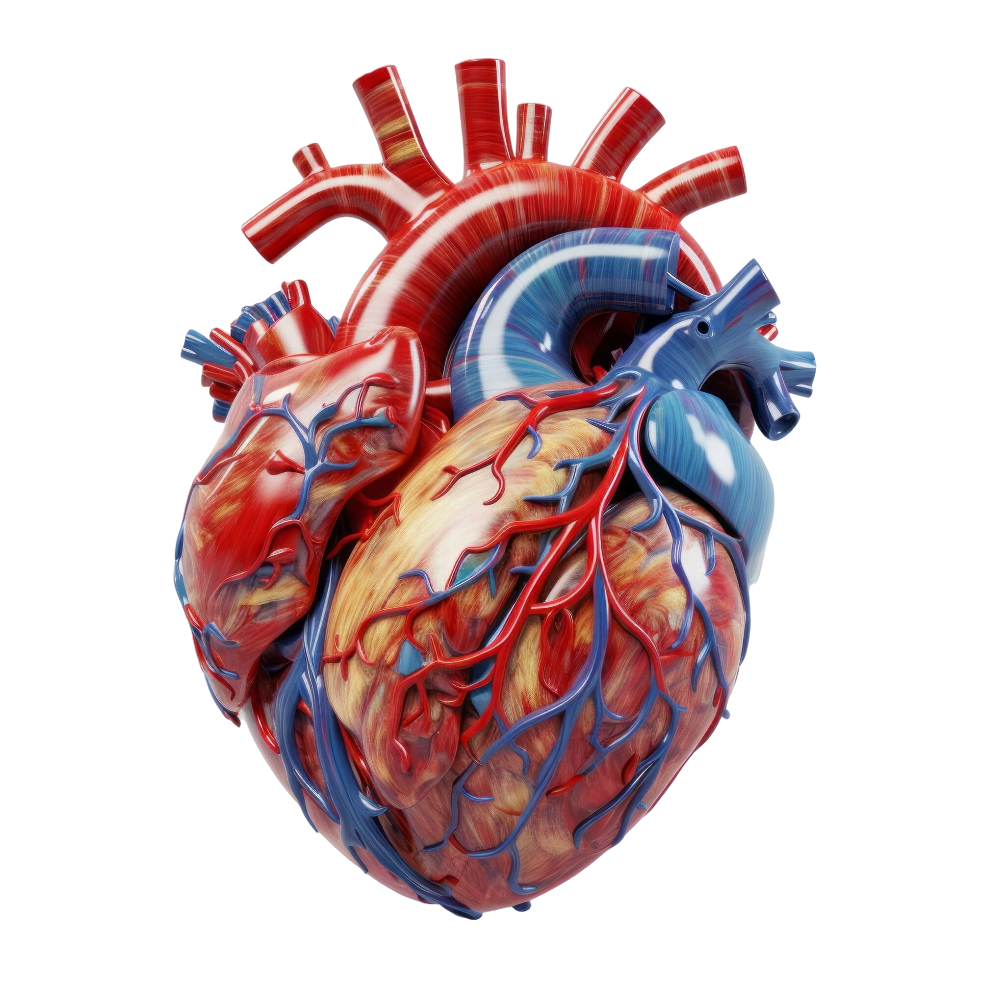 A detailed 3D illustration of a human heart showing arteries and veins, used to highlight cardiac anatomy and advanced cardiology treatments.