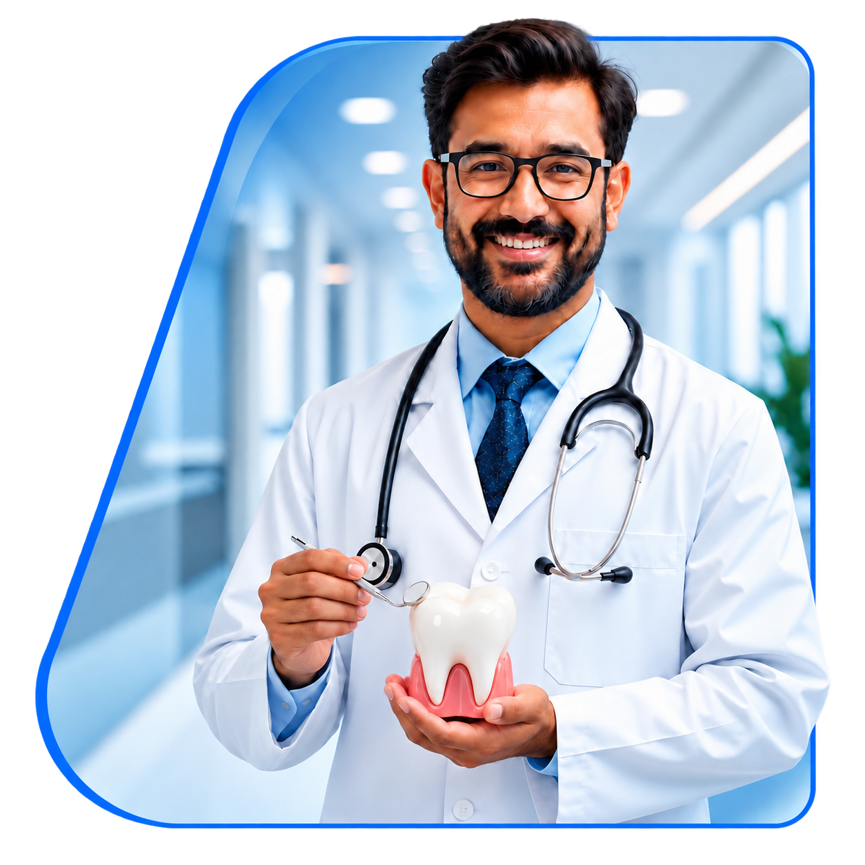 Dental surgeon at Vasavi Hospitals holding a dental implant model