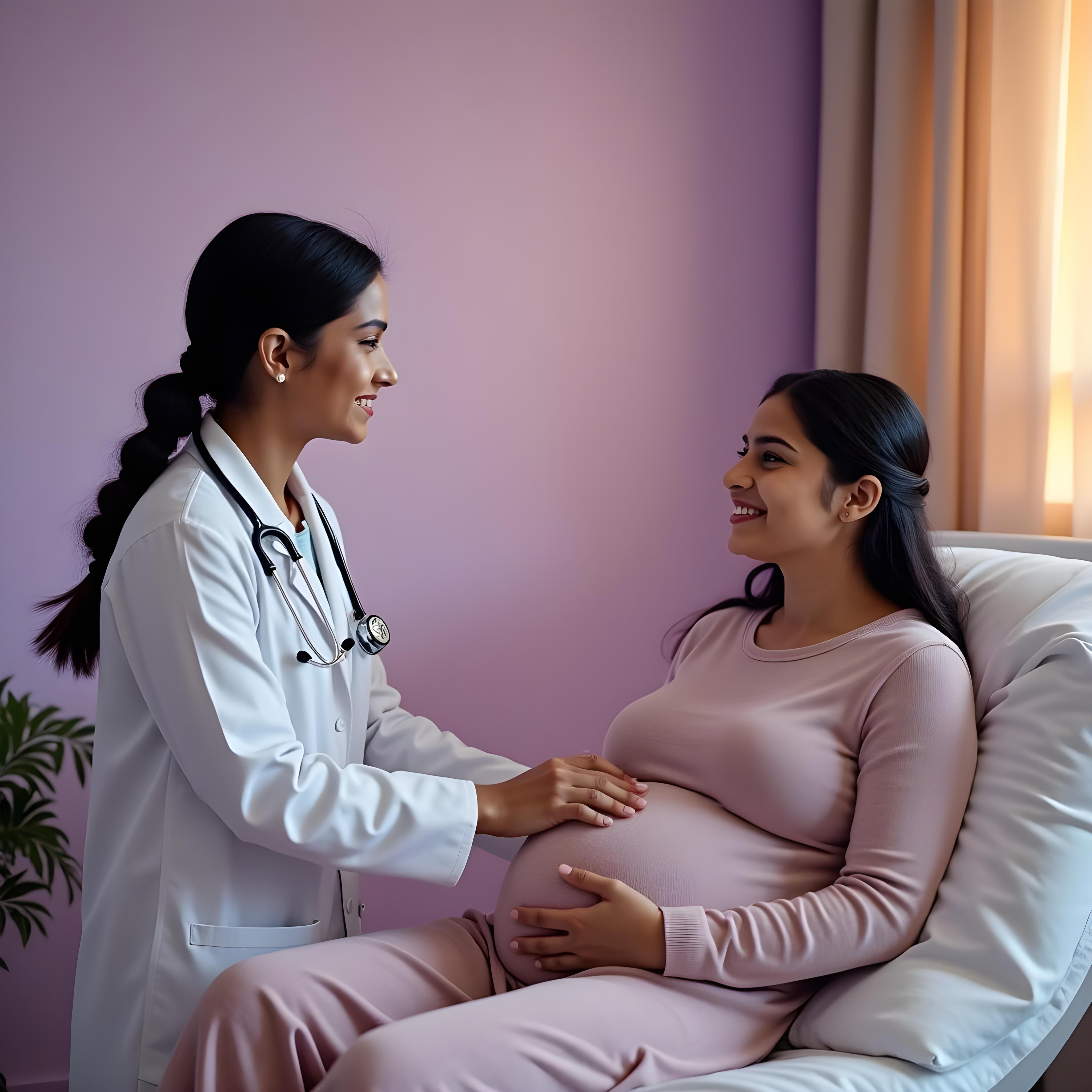 A pregnant woman in a pink top is smiling and looking at a female doctor in a white coat, who is holding the woman's hands and also smiling.